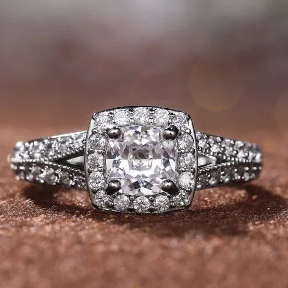 ▶NEW LUXURY 14K WHITE GOLD SQUARE GEM DIAMOND ENGAGEMENT RING FOR WOMEN, K774